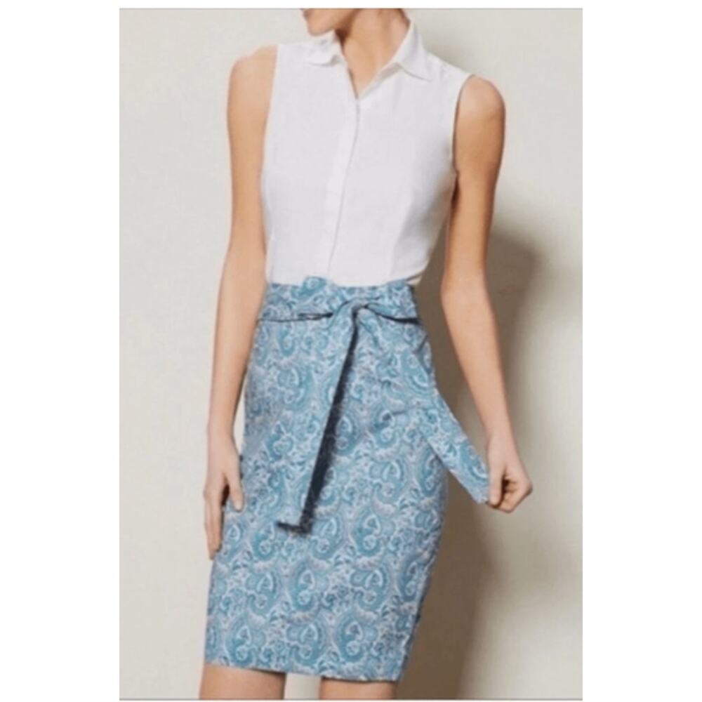 Antonio Melani Paisley Print Pencil Skirt Blue Cotton Tie Belt Size 10 NWT